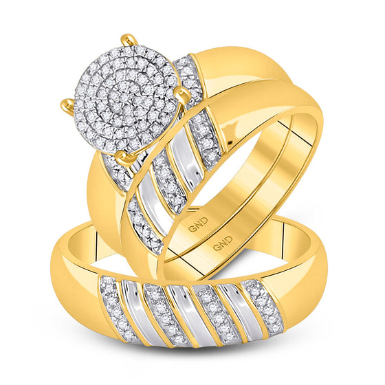 10k Yellow Gold His Hers Round Diamond Cluster Matching Wedding Set 1/3 Cttw