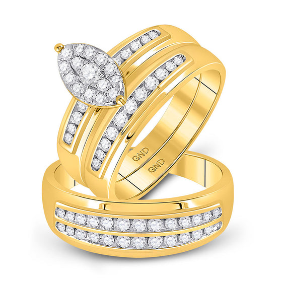 10k Yellow Gold His Hers Round Diamond Cluster Matching Wedding Set 3/4 Cttw