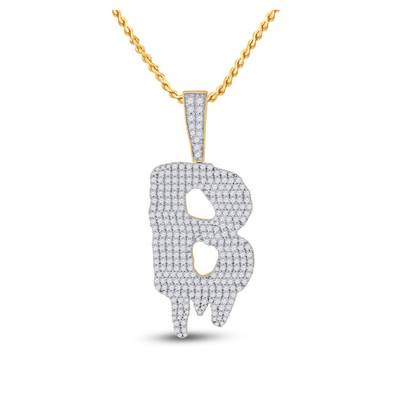 10k Yellow Gold Mens Round Diamond B Drip Letter Charm Pendant 2-3/4 Cttw