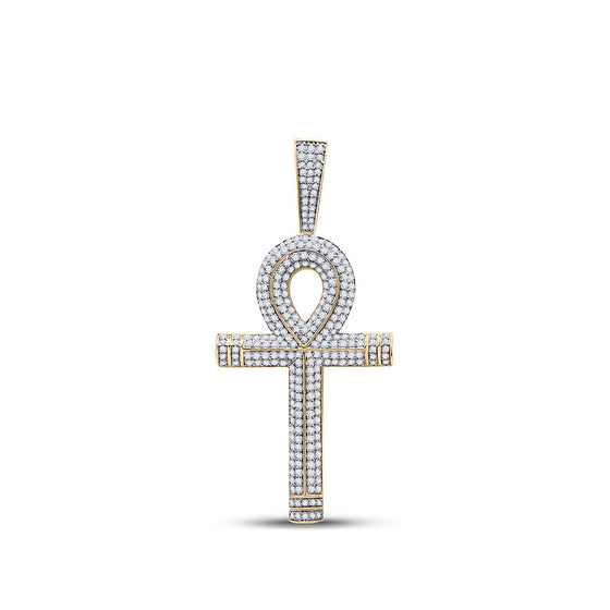10k Yellow Gold Mens Round Diamond Ankh Cross Charm Pendant 2-1/5 Cttw