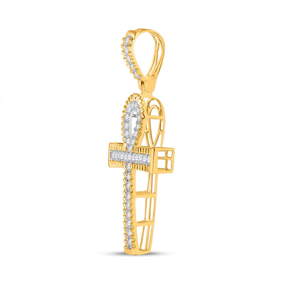 10k Yellow Gold Mens Round Diamond Ankh Cross Charm Pendant 1 Cttw