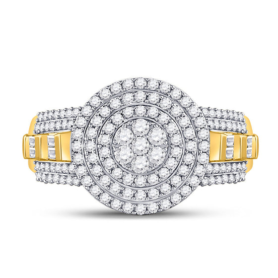 10k Two-tone Gold Mens Round Diamond Circle Flower Cluster Ring 1-1/5 Cttw
