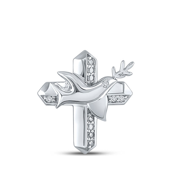 10k White Gold Womens Round Diamond Dove Cross Pendant 1/20 Cttw