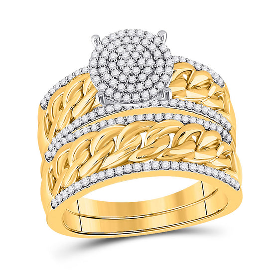10k Yellow Gold His Hers Round Diamond Cluster Matching Wedding Set 5/8 Cttw