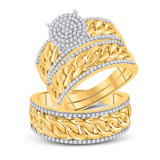 10k Yellow Gold His Hers Round Diamond Cluster Matching Wedding Set 5/8 Cttw