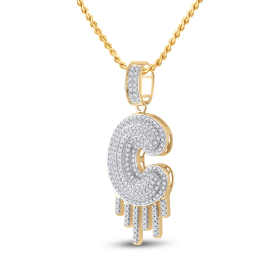10k Yellow Gold Mens Round Diamond Dripping C Letter Charm Pendant 5/8 Cttw