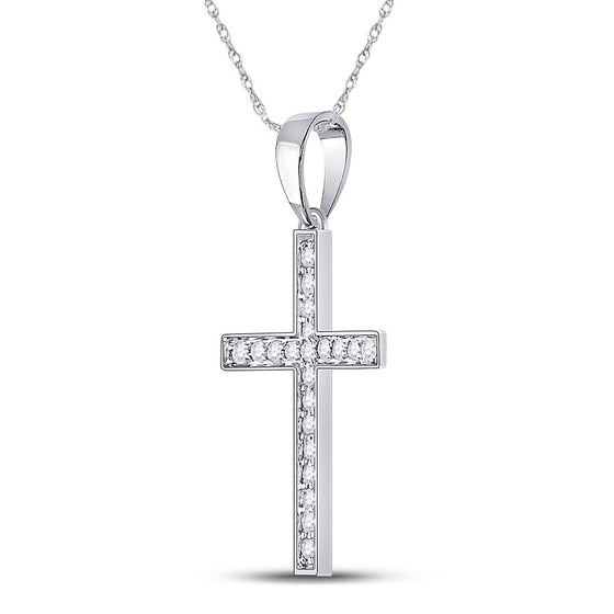 10k White Gold Womens Round Diamond Cross Pendant 1/20 Cttw