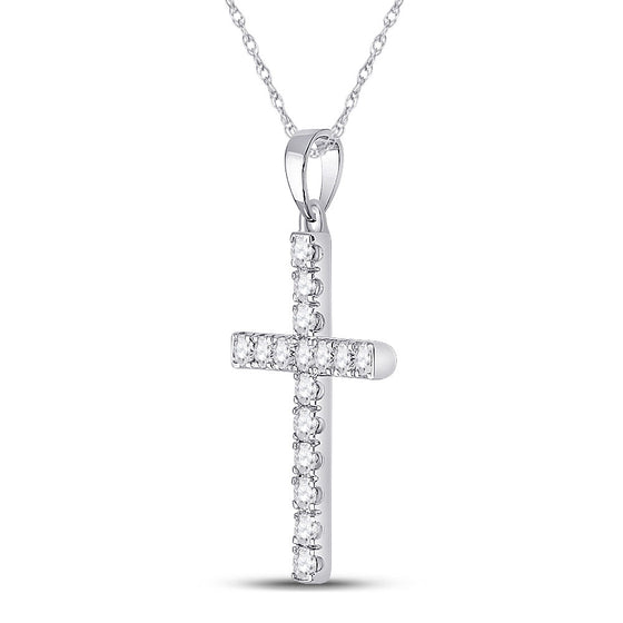 10k White Gold Womens Round Diamond Cross Pendant 1/2 Cttw