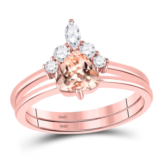 10k Rose Gold Womens Trillion Morganite Solitaire Bridal Wedding Ring Band Set 7/8 Cttw