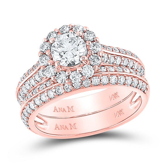 14k Rose Gold Round Diamond Halo Bridal Wedding Ring Band Set 1-7/8 Cttw