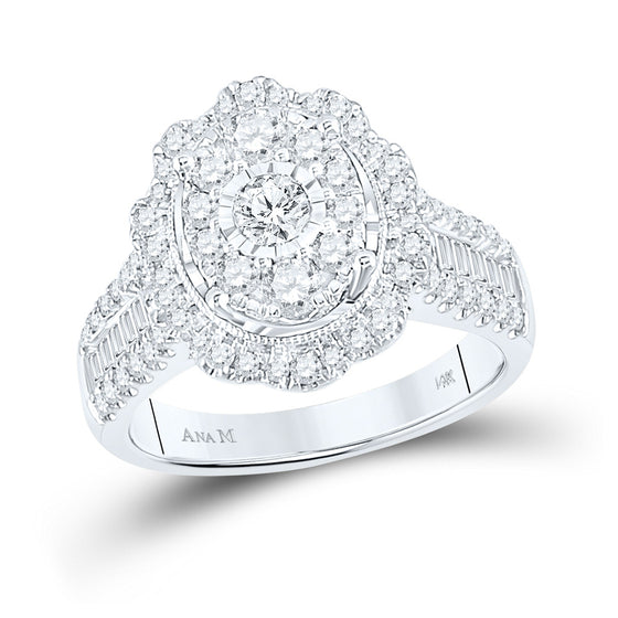 14k White Gold Womens Round Diamond Right Hand Cluster Oval Ring 1-1/2 Cttw