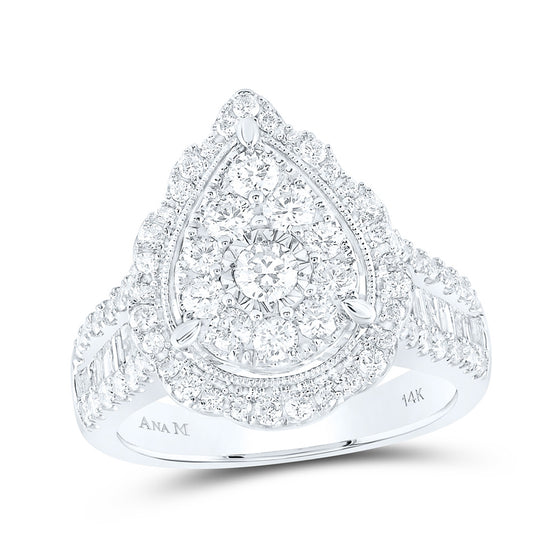 14k White Gold Round Diamond Teardrop Bridal Wedding Engagement Ring 1-5/8 Cttw