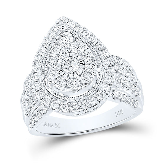 14k White Gold Womens Round Diamond Teardrop Cluster Ring 1-1/2 Cttw