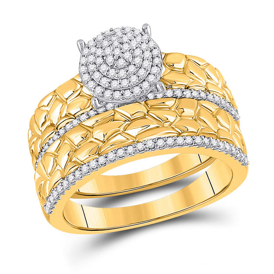10k Yellow Gold His Hers Round Diamond Nugget Cluster Matching Wedding Set 3/8 Cttw