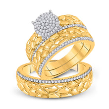  10k Yellow Gold His Hers Round Diamond Nugget Cluster Matching Wedding Set 3/8 Cttw