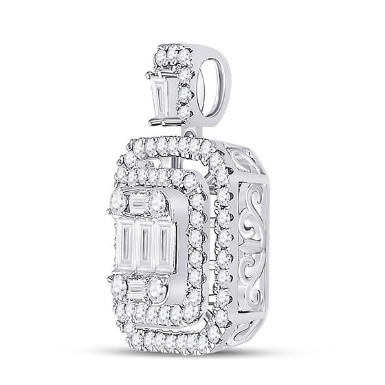 14k White Gold Womens Baguette Diamond Square Cluster Pendant 1 Cttw