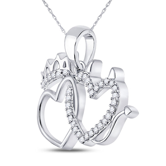 10k White Gold Womens Round Diamond Double Heart Pendant 1/6 Cttw