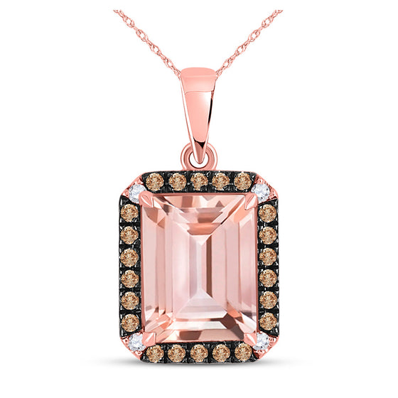 10k Rose Gold Womens Emerald-cut Morganite Solitaire Brown Diamond Pendant 2-3/4 Cttw