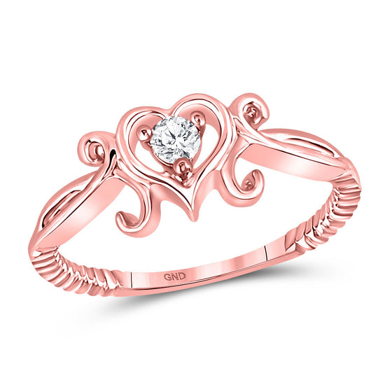 10k Rose Gold Womens Round Diamond Heart Solitaire Ring 1/10 Cttw