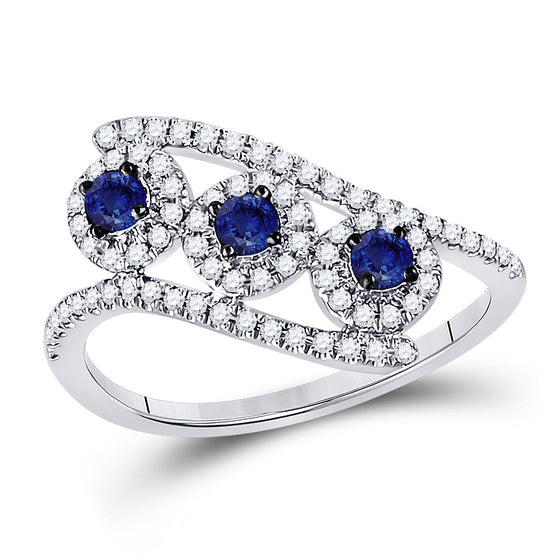 14k White Gold Womens Round Blue Sapphire Fashion 3-stone Ring 5/8 Cttw