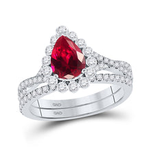  14k White Gold Pear Ruby Diamond Solitaire Bridal Wedding Ring Band Set 1-7/8 Cttw