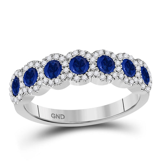 14k White Gold Womens Round Blue Sapphire Diamond Band Ring 1-1/4 Cttw