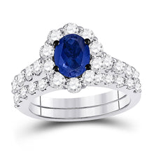  14k White Gold Womens Oval Blue Sapphire Solitaire Bridal Wedding Ring Band Set 2-7/8 Cttw