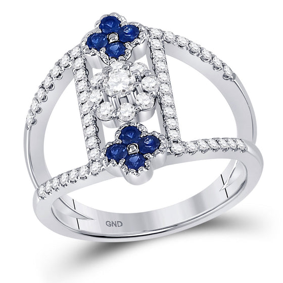 14k White Gold Womens Round Blue Sapphire Diamond Fashion Ring 7/8 Cttw