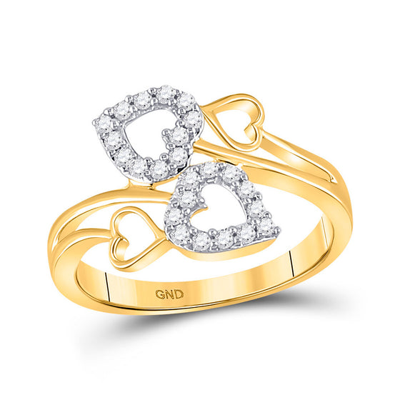 10k Yellow Gold Womens Round Diamond Double Heart Ring 1/4 Cttw