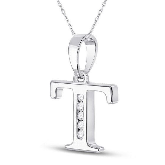 10k White Gold Womens Round Diamond T Initial Letter Pendant 1/20 Cttw