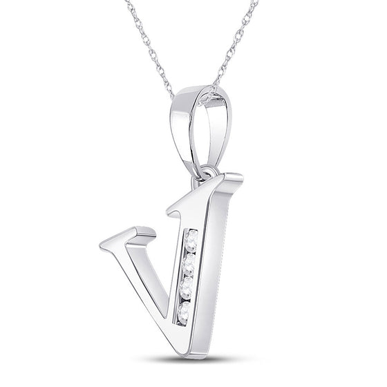 10k White Gold Womens Round Diamond V Initial Letter Pendant 1/20 Cttw