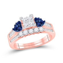  10k Rose Gold Womens Princess Diamond Blue Sapphire Bridal Wedding Ring Band Set 3/4 Cttw