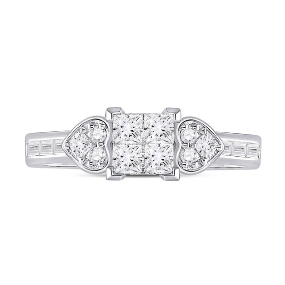 14k White Gold Womens Princess Diamond Square Heart Cluster Ring 3/4 Cttw