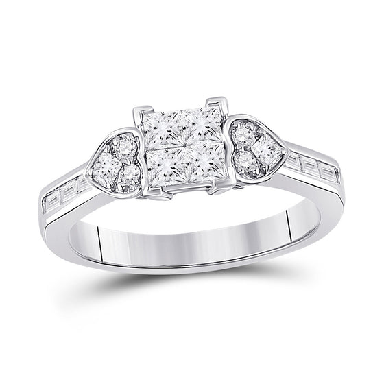 14k White Gold Womens Princess Diamond Square Heart Cluster Ring 3/4 Cttw