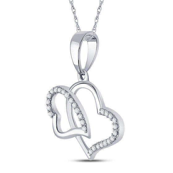 10k White Gold Womens Round Diamond Double Heart Pendant 1/6 Cttw