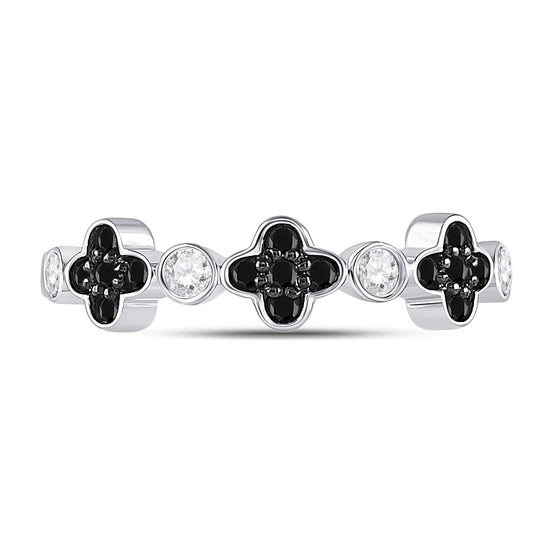 10k White Gold Womens Round Black Color Enhanced Diamond Clover Band Ring 1/4 Cttw