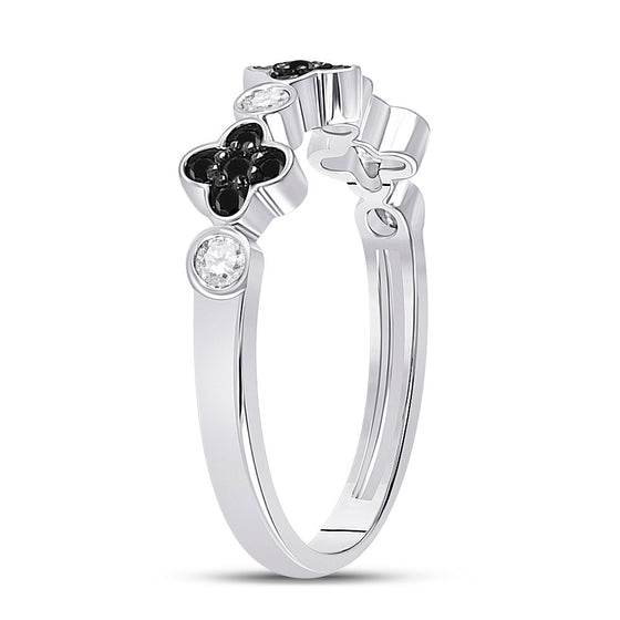 10k White Gold Womens Round Black Color Enhanced Diamond Clover Band Ring 1/4 Cttw