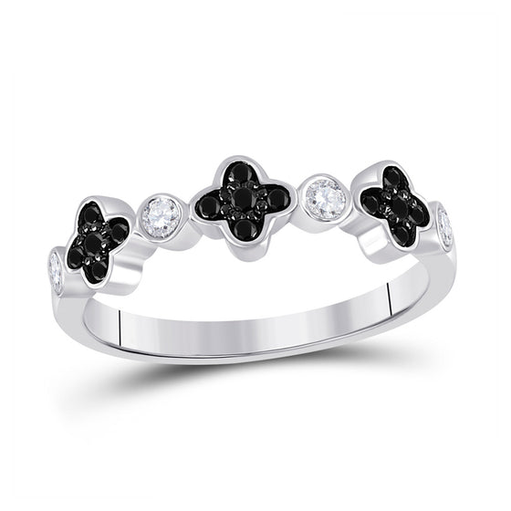 10k White Gold Womens Round Black Color Enhanced Diamond Clover Band Ring 1/4 Cttw