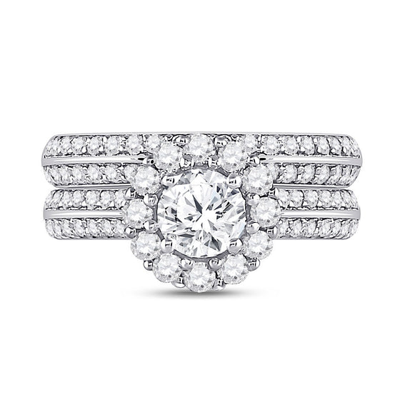 14k White Gold Round Diamond Halo Bridal Wedding Ring Band Set 1-7/8 Cttw