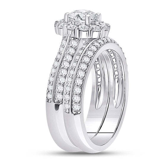 14k White Gold Round Diamond Halo Bridal Wedding Ring Band Set 1-7/8 Cttw