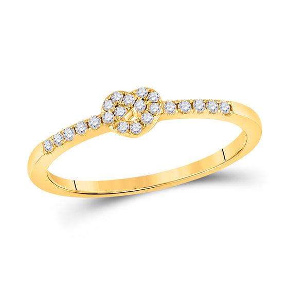 10k Yellow Gold Womens Round Diamond Heart Knot Stackable Band Ring 1/8 Cttw