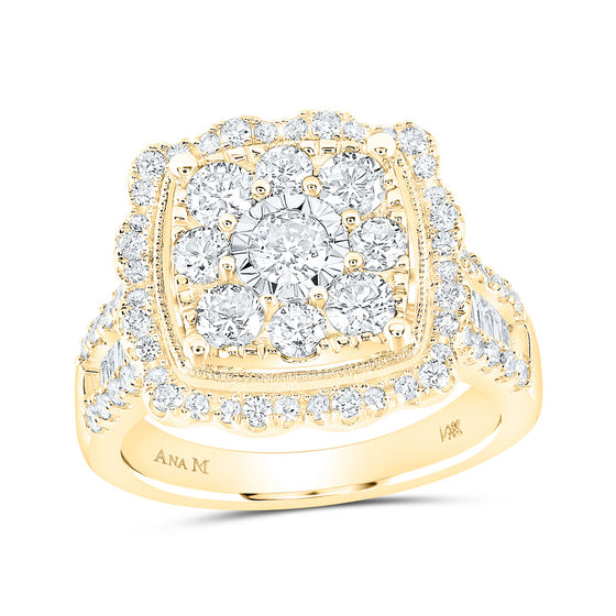 14k Yellow Gold Womens Round Diamond Square Flower Cluster Ring 2 Cttw