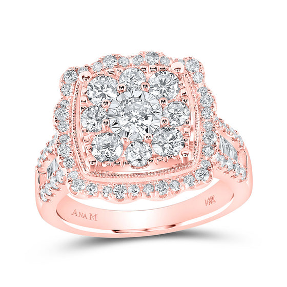 14k Rose Gold Womens Round Diamond Square Flower Cluster Ring 2 Cttw