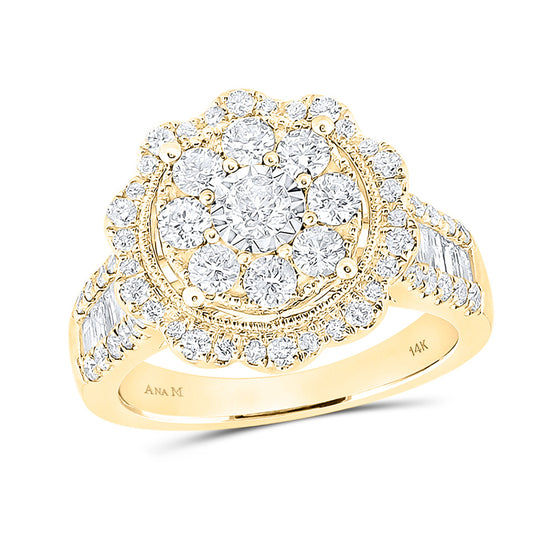 14k Yellow Gold Womens Round Diamond Flower Cluster Ring 1-5/8 Cttw