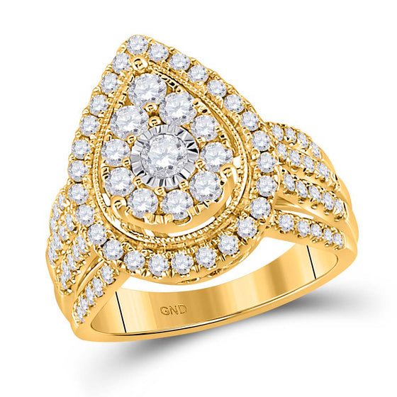 14k Yellow Gold Womens Round Diamond Teardrop Pear Cluster Ring 1-1/2 Cttw