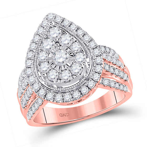 14k Rose Gold Womens Round Diamond Teardrop Pear Cluster Ring 1-1/2 Cttw
