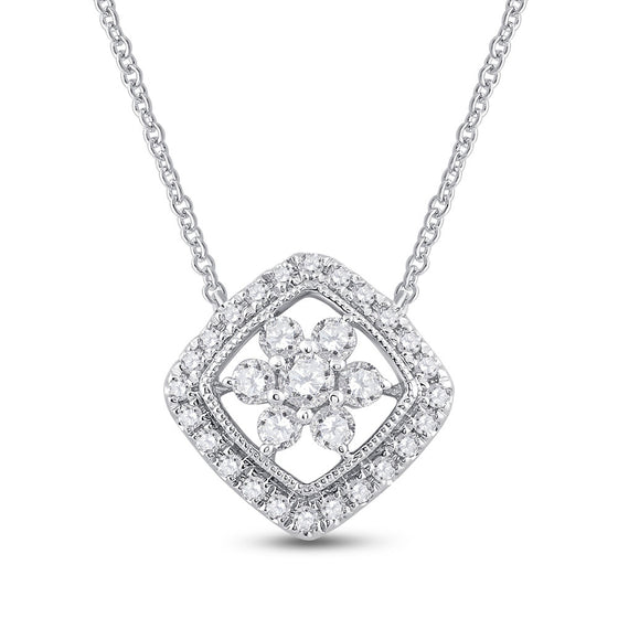 14k White Gold Womens Round Diamond Offset Square Cluster Necklace 1/2 Cttw