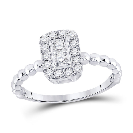 10k White Gold Womens Round Diamond Beaded Rectangle Cluster Ring 1/3 Cttw