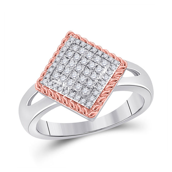 10k Two-tone Gold Womens Round Diamond Rope Offset Square Cluster Ring 1/4 Cttw