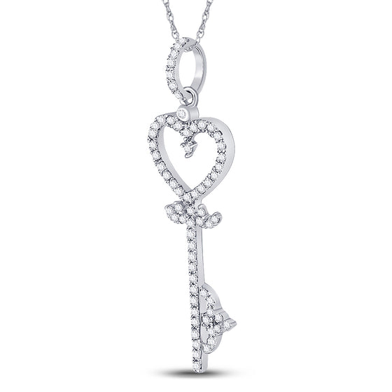 10k White Gold Womens Round Diamond Key Heart Pendant 1/5 Cttw